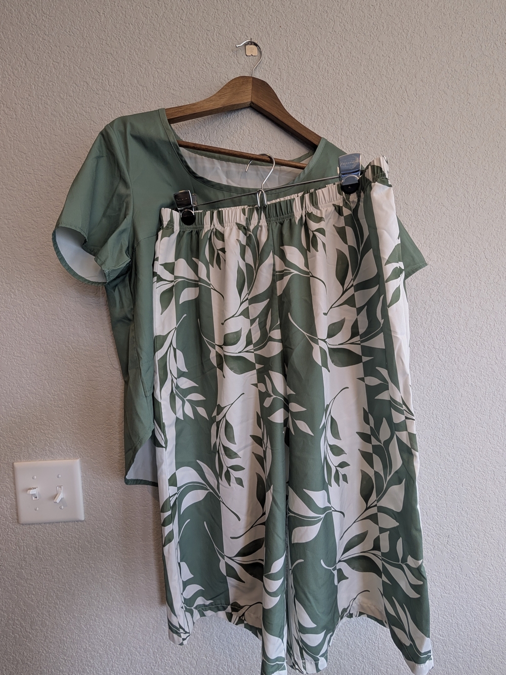 Green Leaf-Print Elastic-Waist Cullotes Set Sz XL